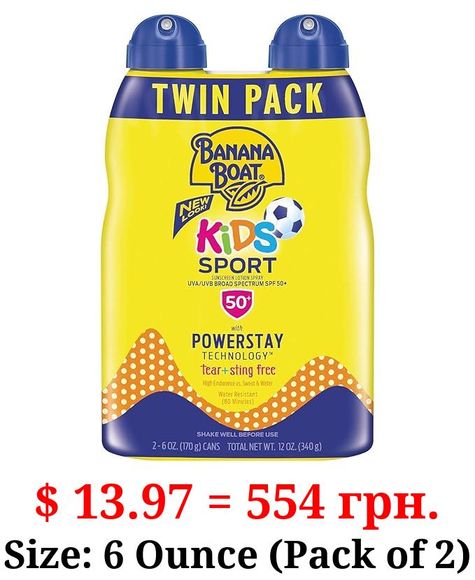 Banana Boat Kids Sport Sunscreen Spray SPF 50 Twin Pack | Childrens Sunscreen, Kids Sunblock Spray, Oxybenzone Free Sunscreen for Kids, Spray On Sunscreen SPF 50, 6oz each