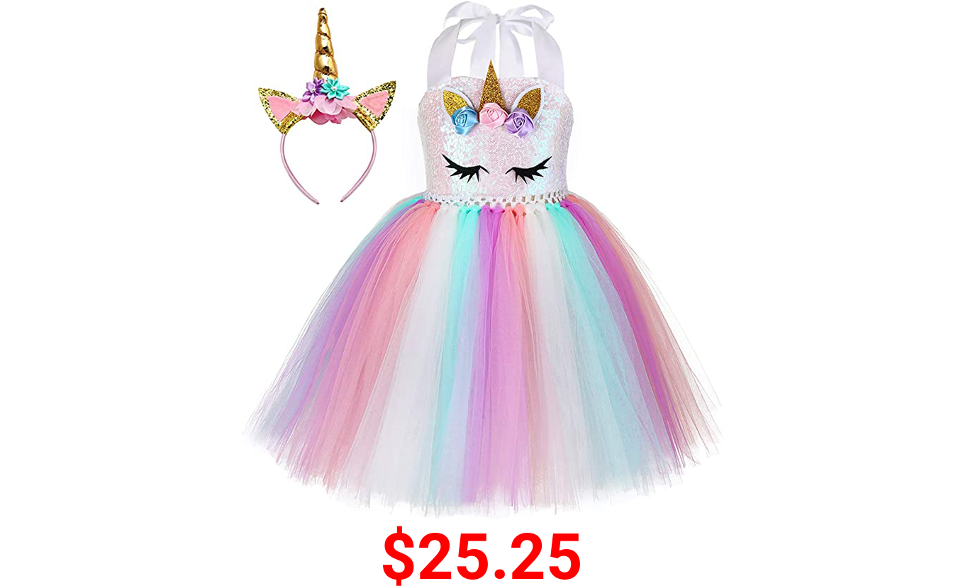 Tutu Dreams Sequin Unicorn Dress for Girls 1-10Y with Headband Birthday Easter Tea Party Gifts Spring Dance Dresses
