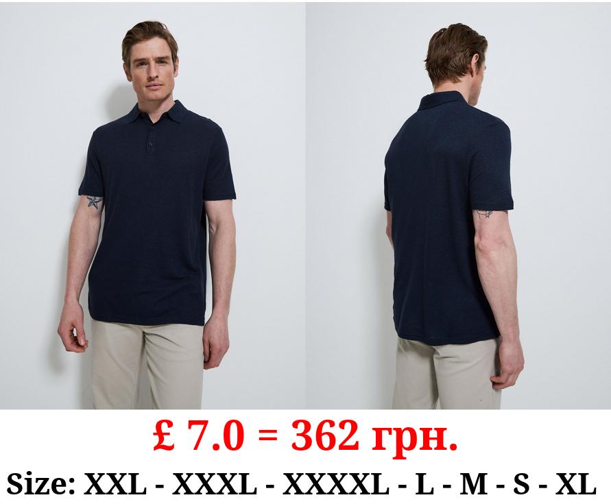 Navy Linen Blend Polo Top