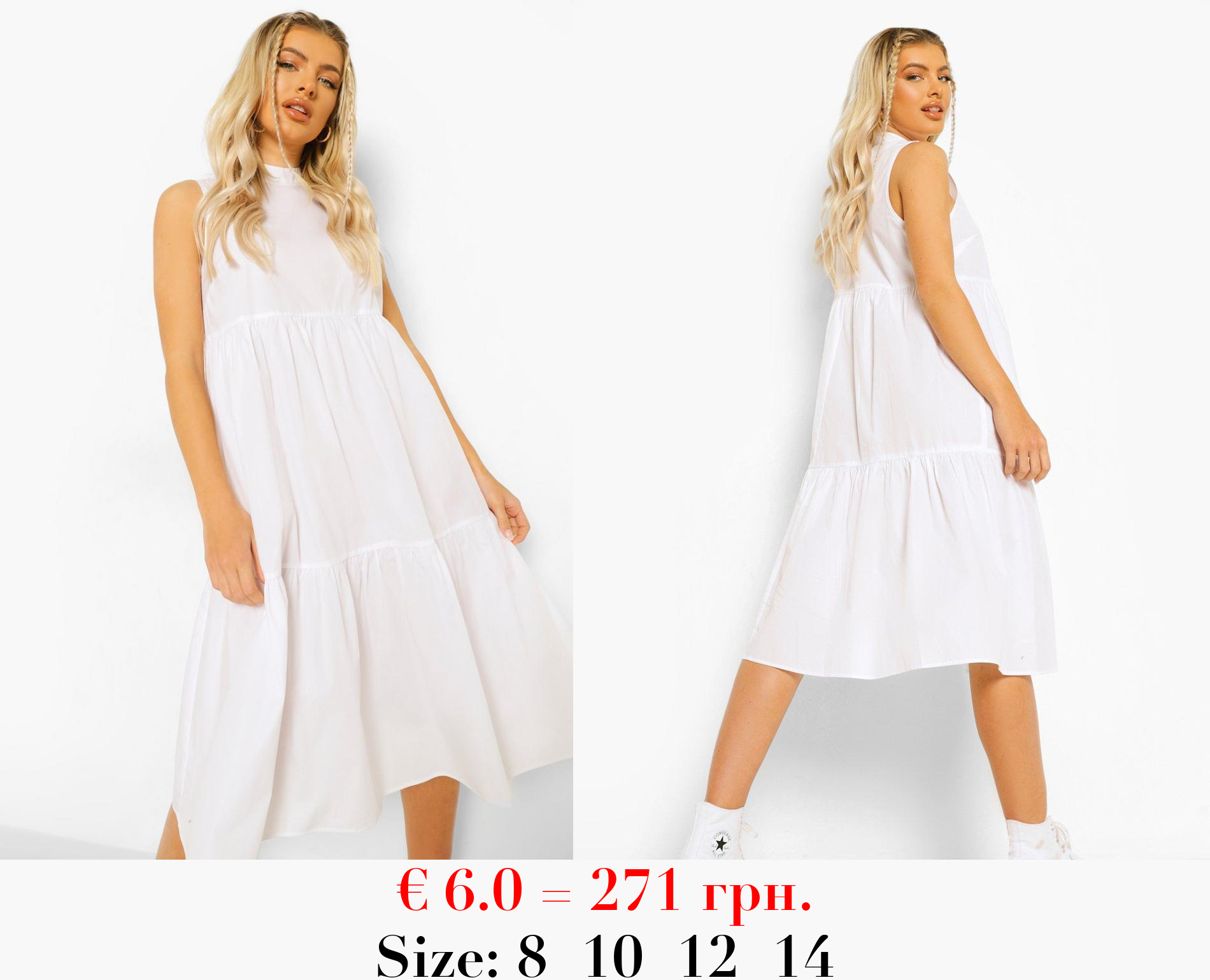 Cotton High Neck Tiered Midi Dress