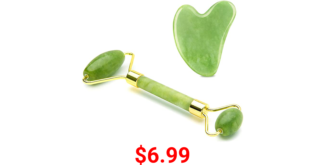 Jade Roller & Gua Sha Set, Wonderwin Jade Roller Gua Sha Board Massage Tool Set, Facial Skin Care Roller Massager Muscle Relaxing Wrinkles Relieving, Whole Body Relive Devices