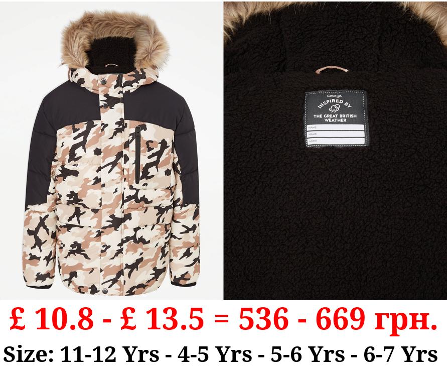 Neutral Camouflage Faux Fur Trim Padded Coat