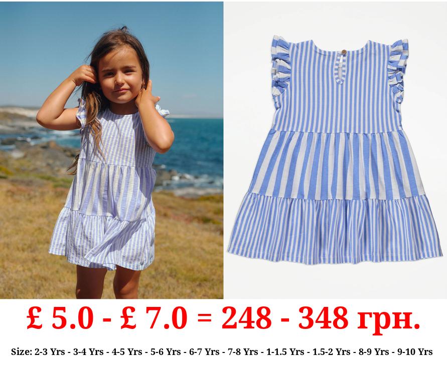 Blue Striped Frill Sleeve Tiered Dress