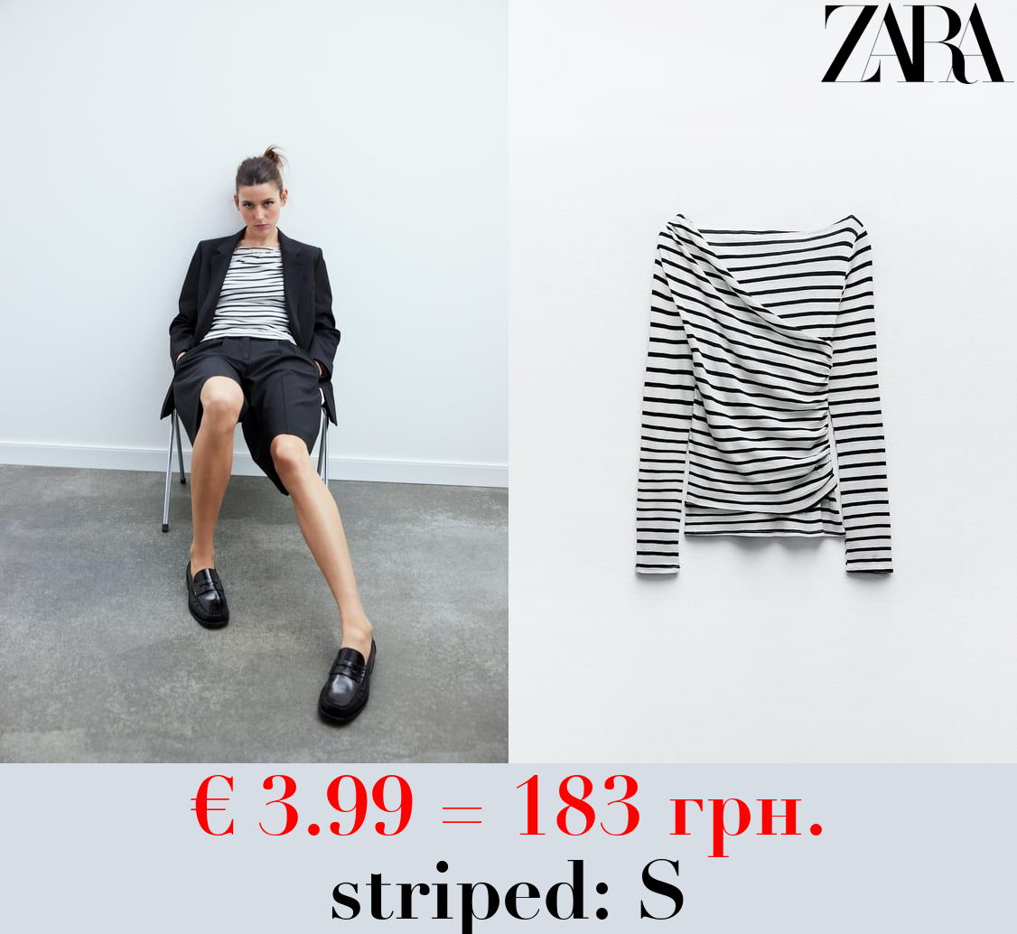 DELICATE STRIPED ASYMMETRIC TOP WITH OVERLAY DETAIL