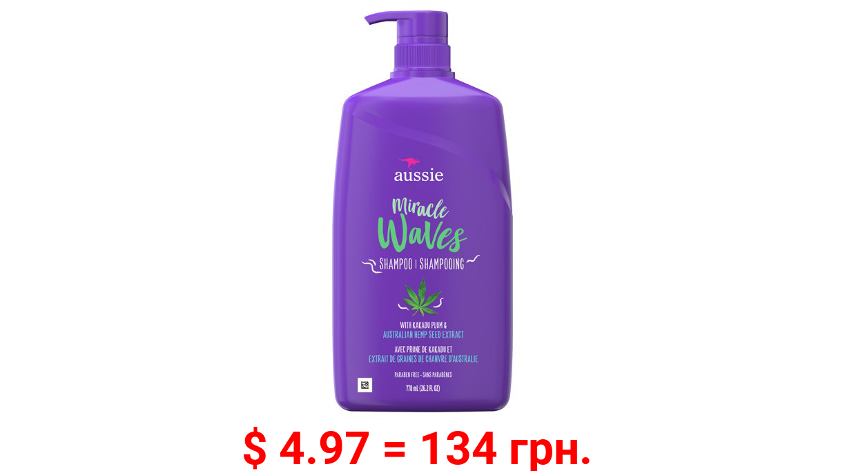 Aussie Miracle Waves Shampoo with Hemp Seed, Paraben Free, 26.2 oz