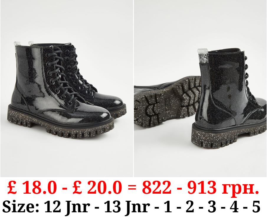 Black Glitter Lace Up Boots