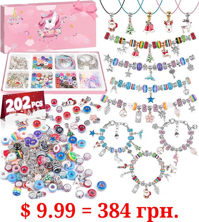 Anicco Bracelet Making Kit for Girls,202PCS Charm Bracelet Making Kit with Beads,and Necklace for DIY Craft Gifts for Teen Girls Age 8-12,Christmas Gifts for Girls, with A Unicorn Gift Box
