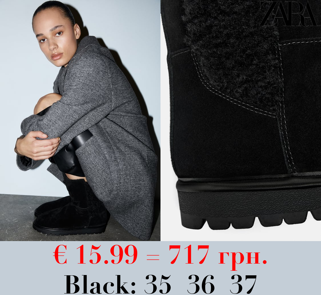 FAUX SHEARLING AND LEATHER FLAT ANKLE BOOTS