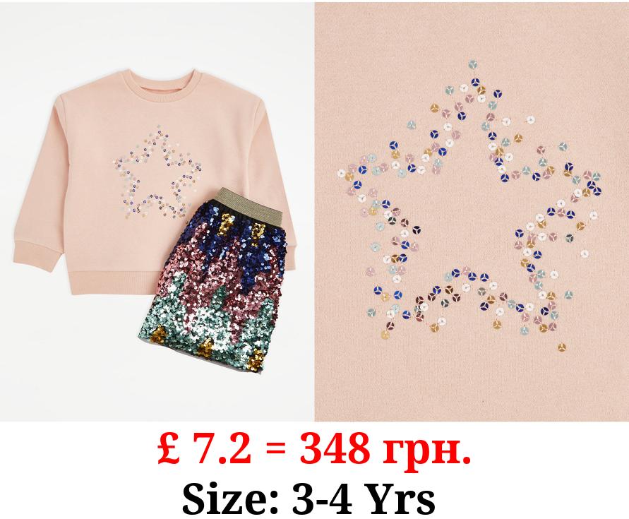 Pink Star Sweatshirt and Sequin Skirt Outfit