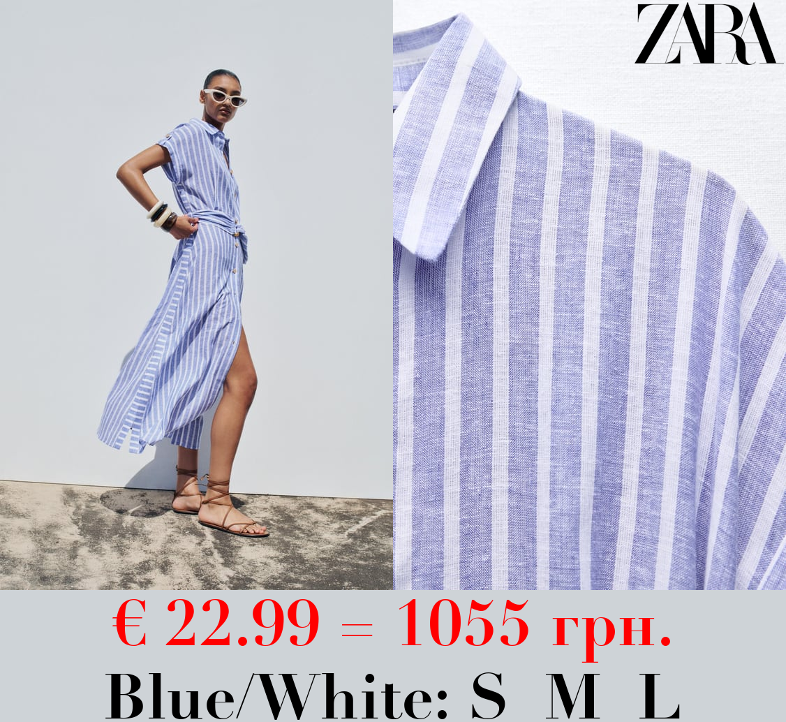 STRIPED LINEN BLEND MIDI SHIRT DRESS