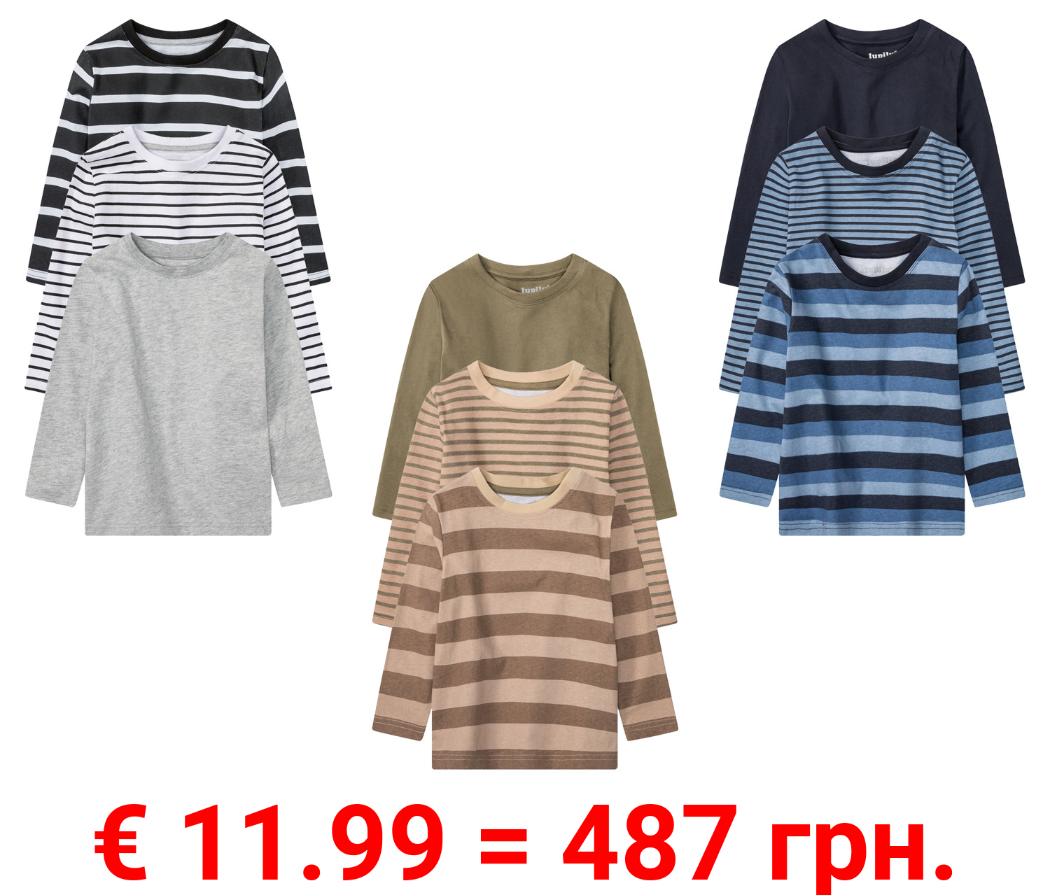 lupilu Kleinkinder Jungen Langarmshirt, 3 Stück, mit Rundhalsausschnitt