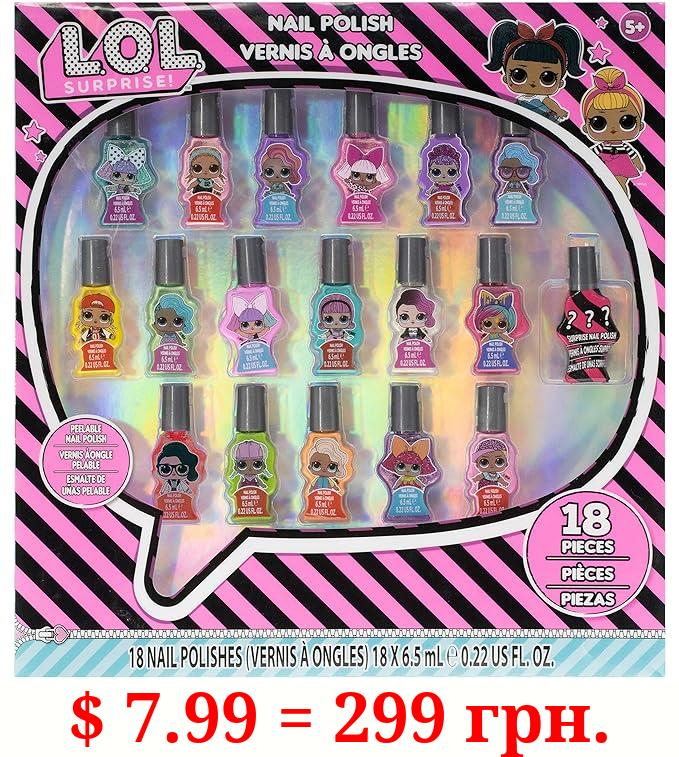 LOL Surprise Non-Toxic Peel-Off Nail Polish Set with Glittery, Shimmer & Opaque Colors including 1 Surprise Bottle for Girls Ages 3+ Perfect for Parties