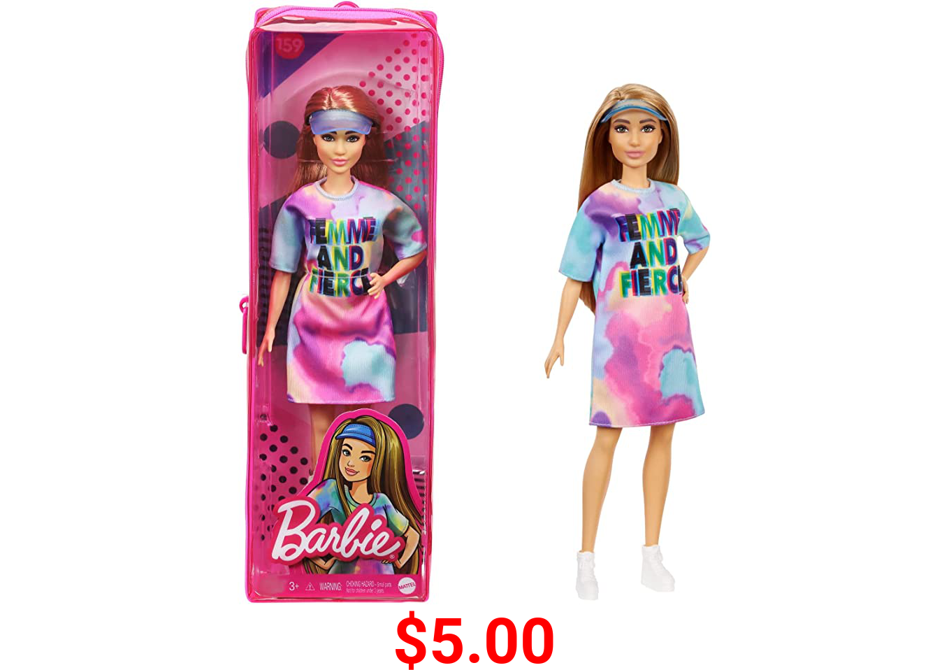 Barbie Fashionistas Doll, Petite, with Light Brown Hair Wearing Tie-Dye T-Shirt Dress, White Shoes & Visor, Toy for Kids 3 to 8 Years Old