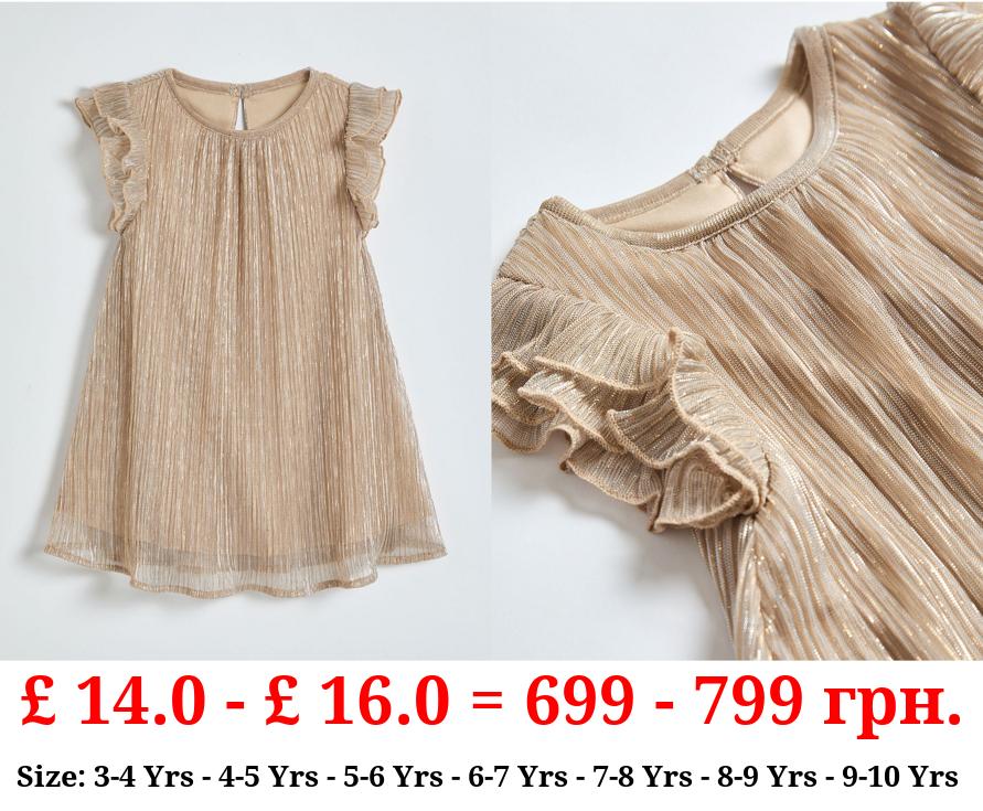 Gold Pleated Frill Sleeve Dress