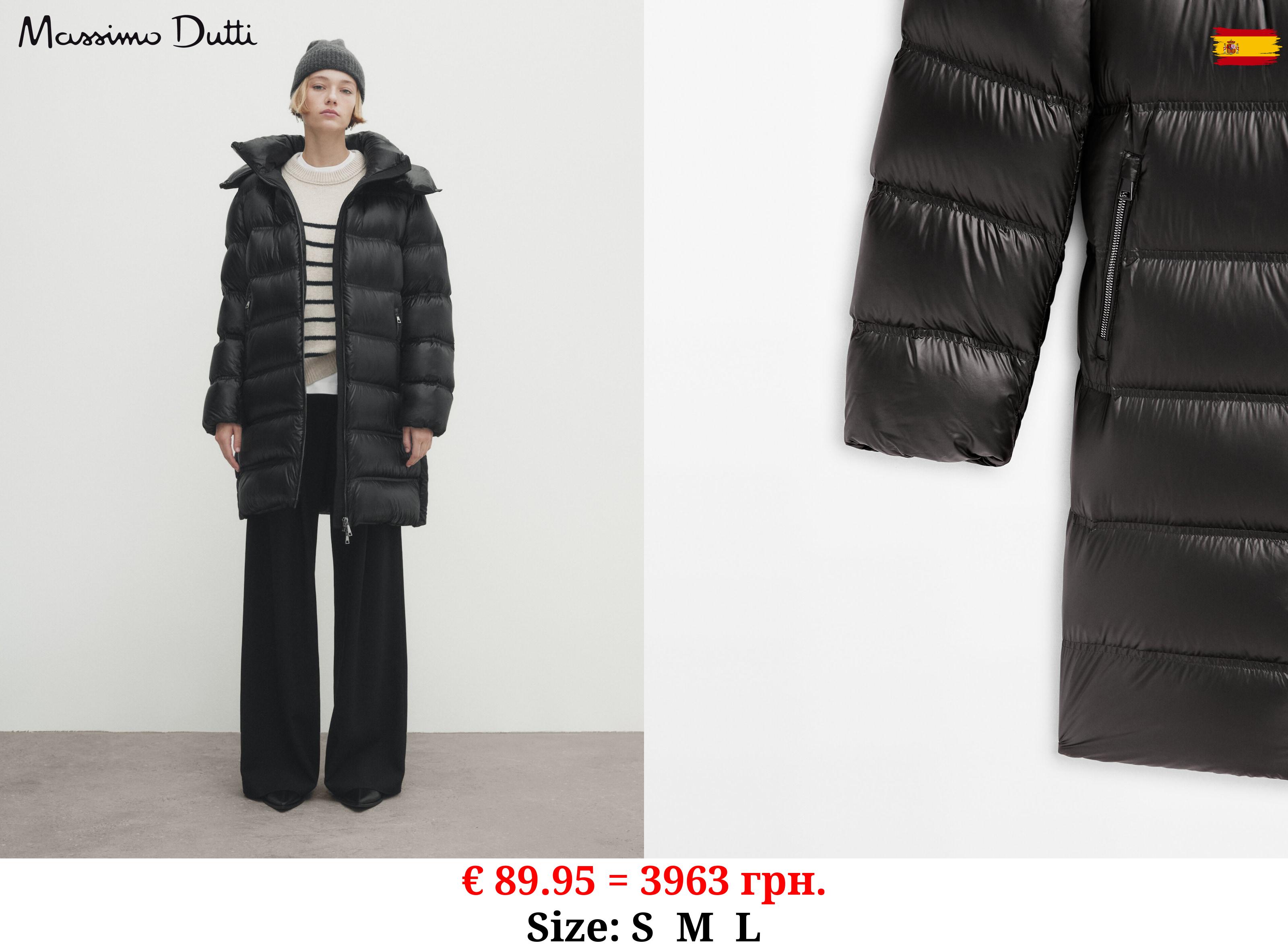 Long jacket with down and feathers filling and contrast hood BLACK