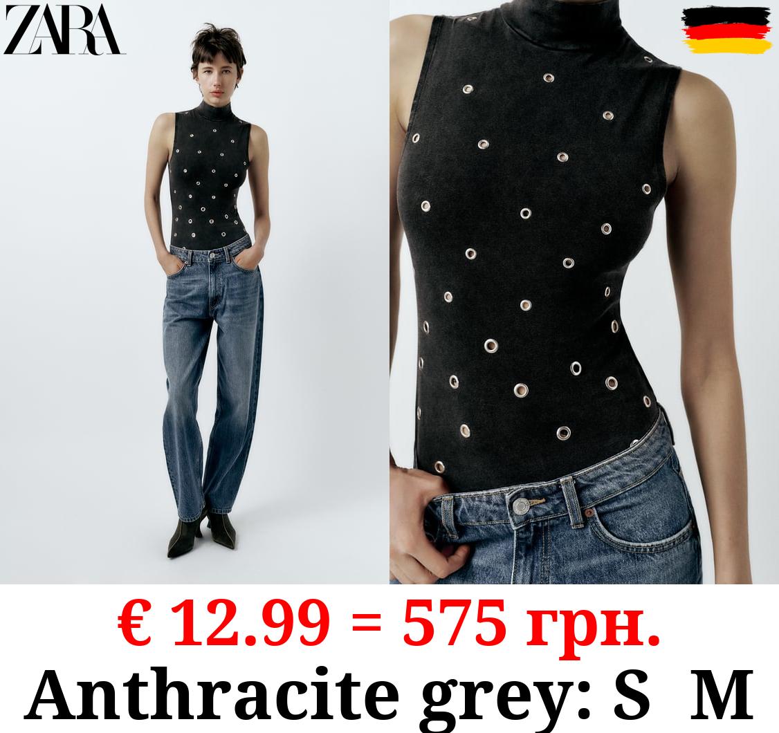 RIBBED FADED-EFFECT BODYSUIT WITH RINGS