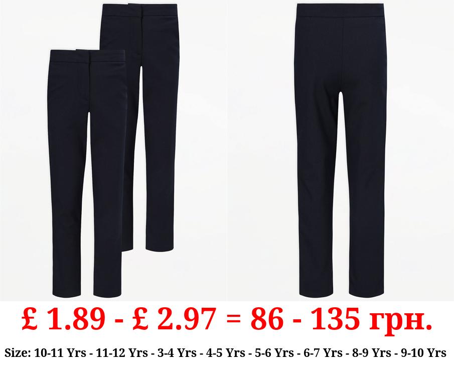 Girls Navy Longer Length Slim Leg School Trousers 2 Pack