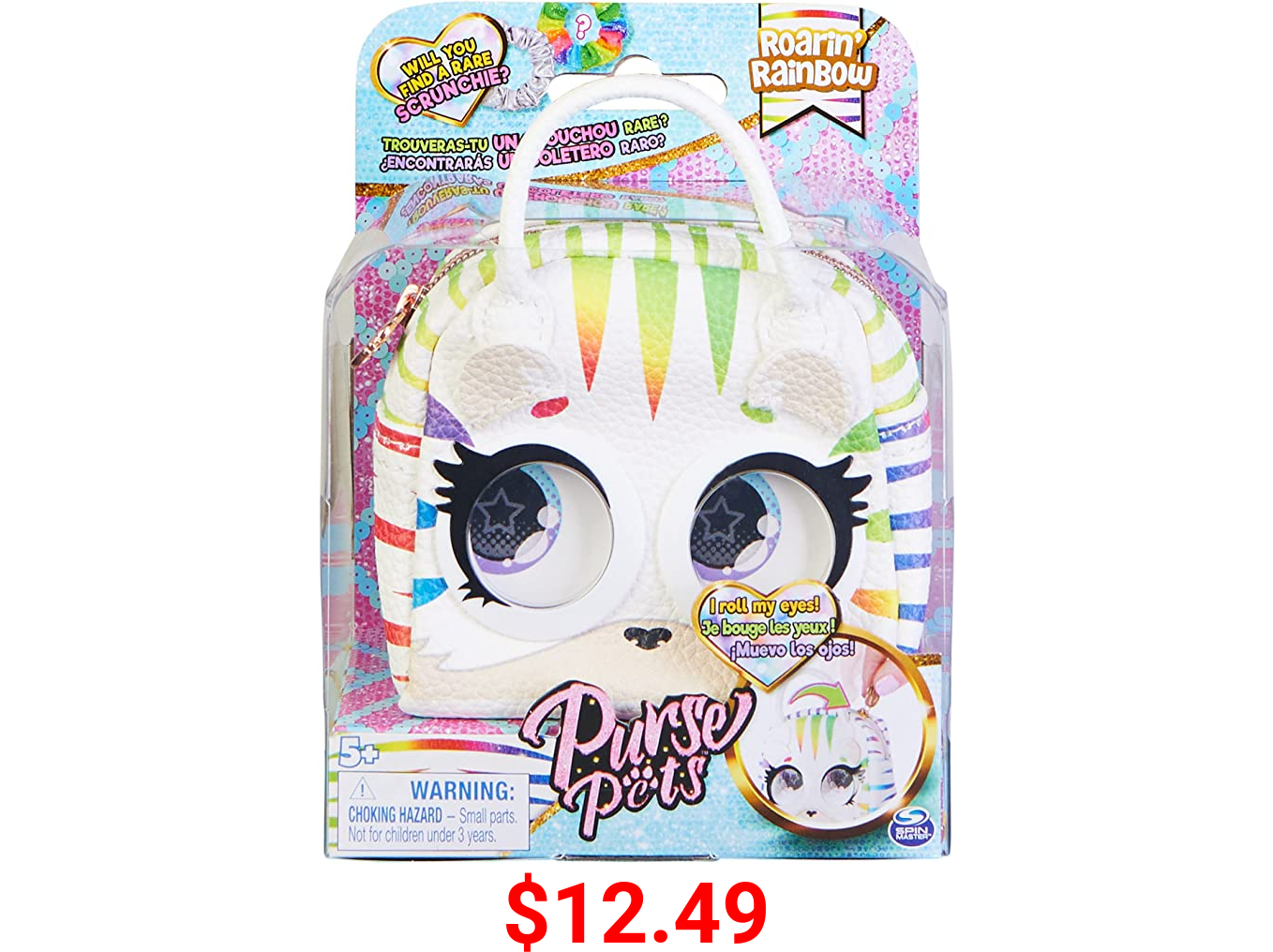 Purse Pets Micros, Roarin’ Rainbow Tiger Stylish Small Purse with Eye Roll Feature, Kids Toys for Girls Aged 5 and up