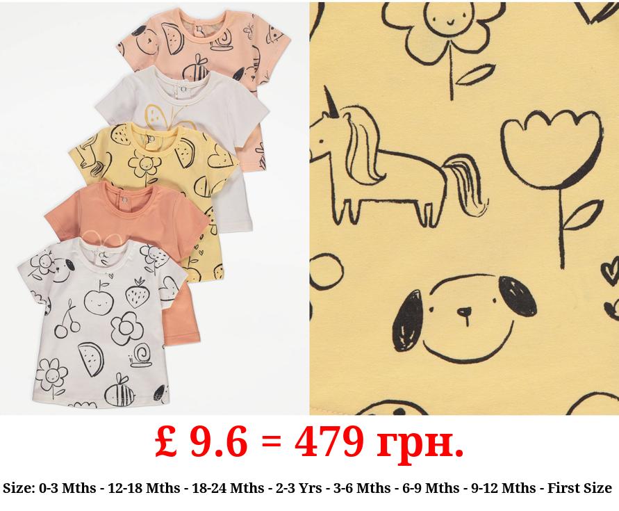 Cute Sketch Print Tops 5 Pack