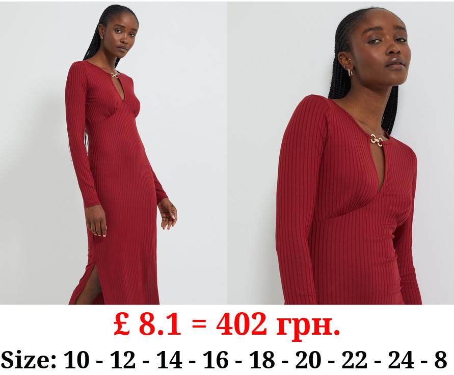 Red Ribbed Cut Out Midi Dress