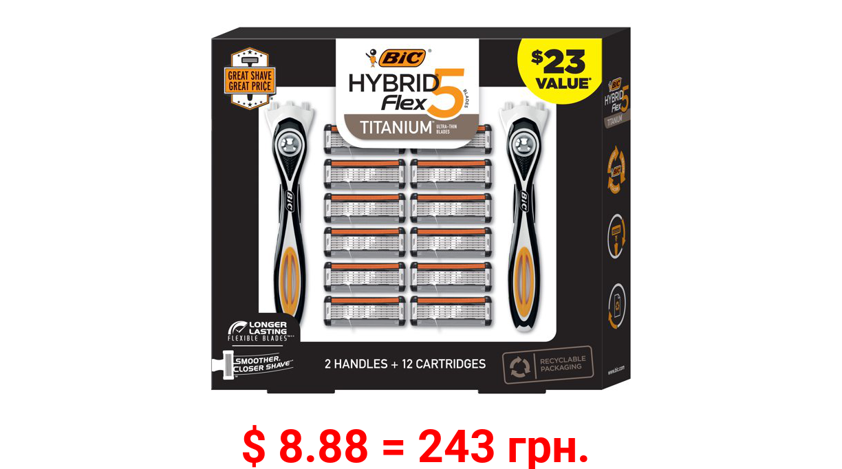 BIC Holiday Gift Set, Hybrid Flex 5, 5 Blade Razors for Men, 2 Handles and 12 Razor Refills, Men's Refillable Razors, Smooth and Close Shave