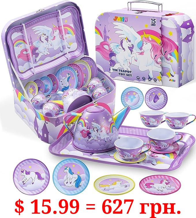 JOYIN Unicorn Tea Party Set for Little Girls, Pretend Purple Tin Teapot Set, Princess Tea Time Play Kitchen Toy with Teapot, Cup, Plate, Carrying Case for Birthday Easter Gift Kids Toddler Age 3 4 5 6