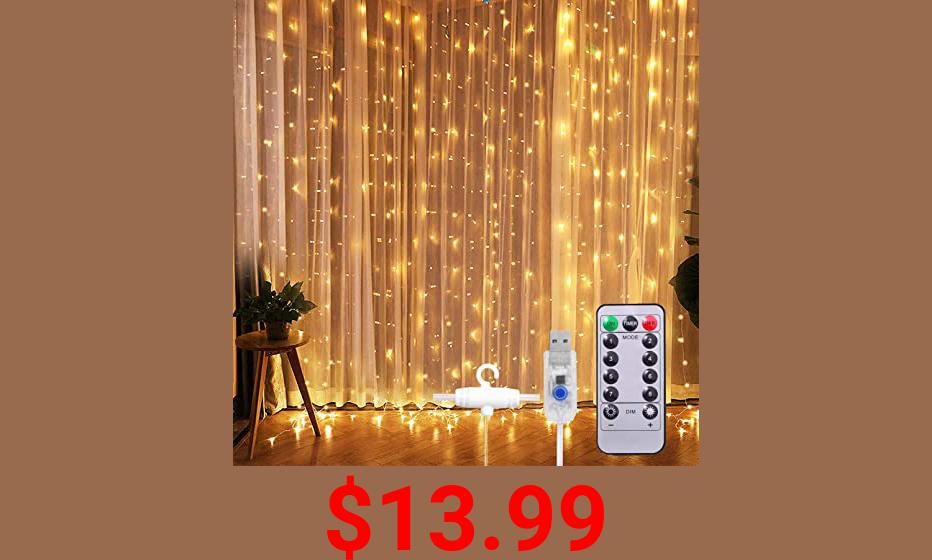 SUNNEST Window Curtain String Light 300 LED 8 Lighting Modes Fairy Lights Remote Control USB Powered Waterproof Lights for Christmas Bedroom Party Wedding Home Garden Wall Decorations,(Warm White)