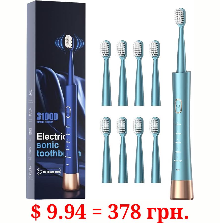 USB Rechargeable Sonic Electric Toothbrush for Adults, Powered Motor High Vibration Teeth & Gum Care, Soft Dupont Brush Heads, 2 Minutes Timer 5 Modes, Green