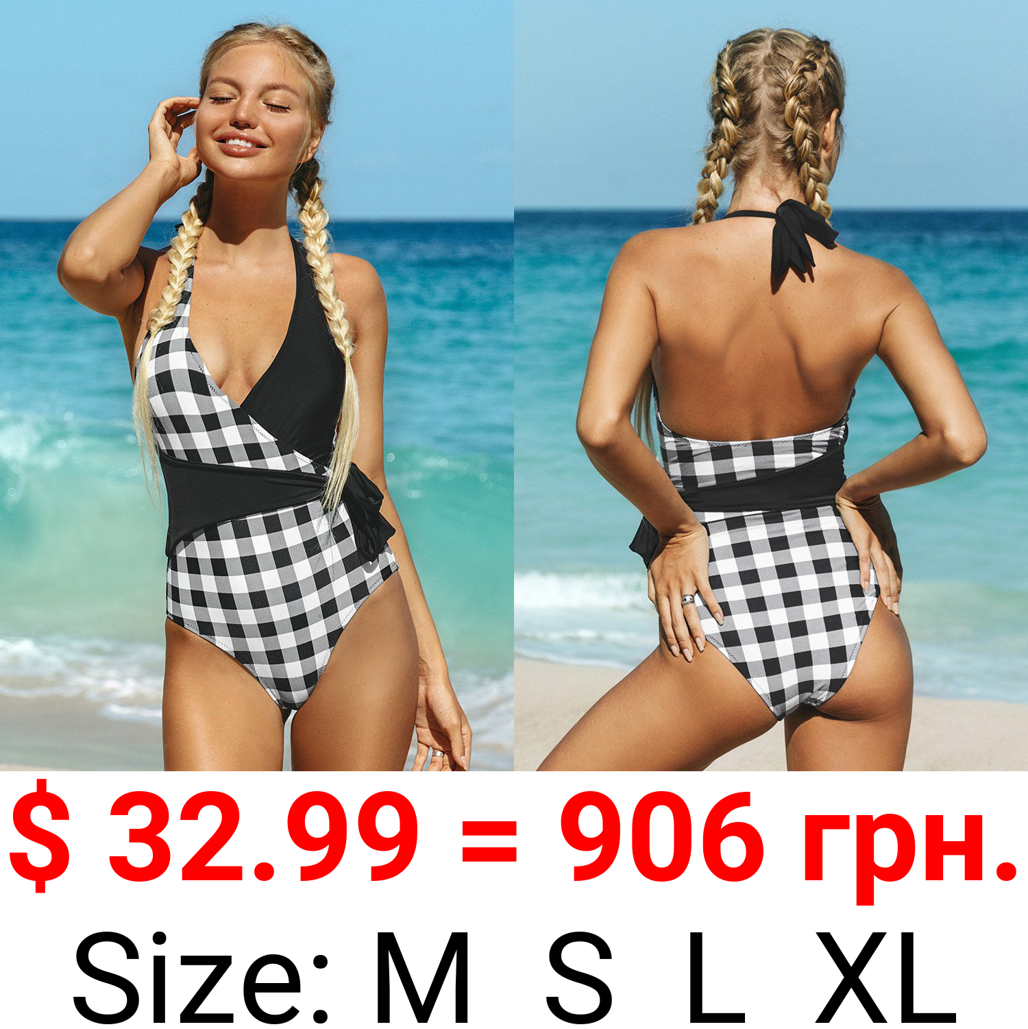 Shiloh Gingham And Black Wrap Halter One Piece Swimsuit