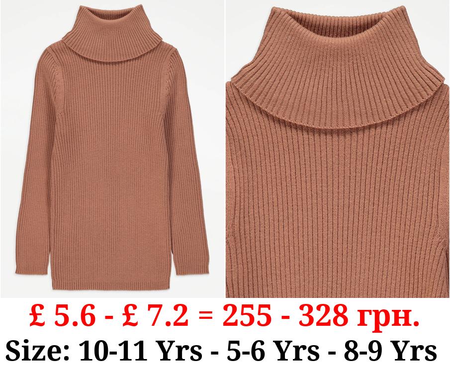 Camel Ribbed Roll Neck Jumper