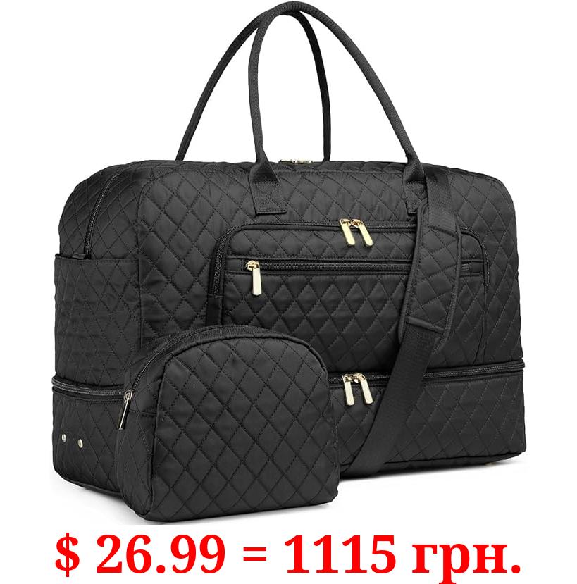 Large Women Travel Duffle Bag - Carry on Overnight Bag Weekend Travel Duffel Tote Bag Yoga Gym Bag with Wet Pocket Toiletry Weekender Overnight Bag for Travel Business Trips Sport Hospital Black