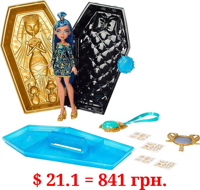 Monster High Doll & Accessories, Cleo De Nile Golden Glam Case Beauty Kit with Tattoos, Stickers & Necklace for Kids