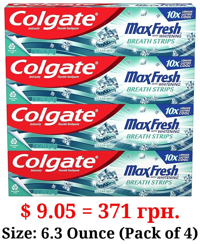 Colgate Max Fresh Whitening Toothpaste with Mini Strips, Clean Mint Toothpaste for Bad Breath, Helps Fight Cavities, Whitens Teeth, and Freshens Breath, 6.3 Ounce (Pack of 4)