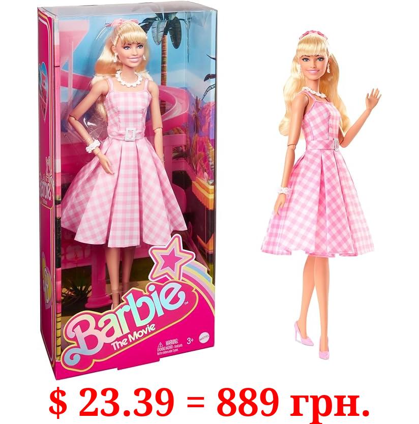 Barbie The Movie Doll, Margot Robbie as Barbie, Collectible Doll Wearing Pink and White Gingham Dress with Daisy Chain Necklace for 6 years and up