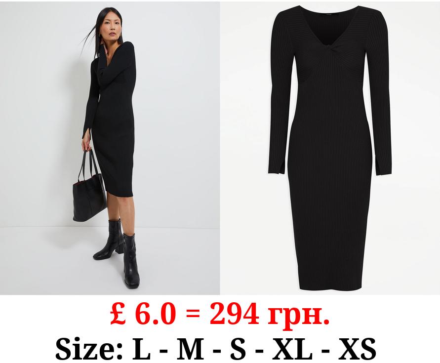 Black Ribbed Twist Front Midi Dress