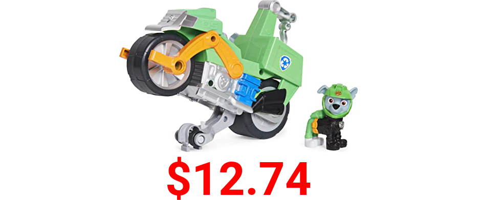 Paw Patrol, Moto Pups Rocky’s Deluxe Pull Back Motorcycle Vehicle with Wheelie Feature and Toy Figure