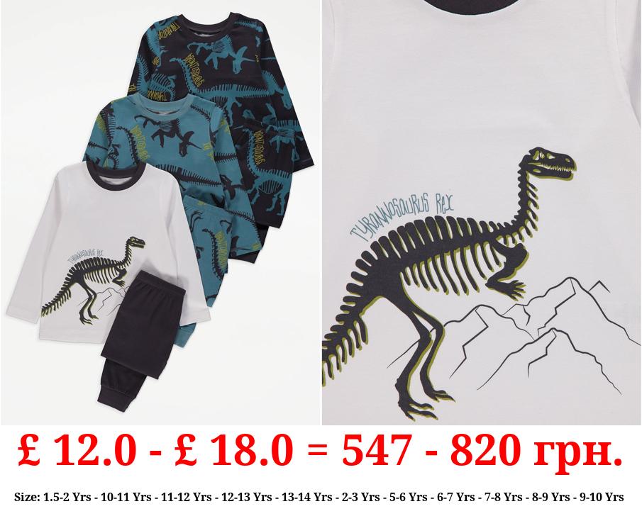 Skeleton Dinosaur Long Sleeve Pyjamas 3 Pack