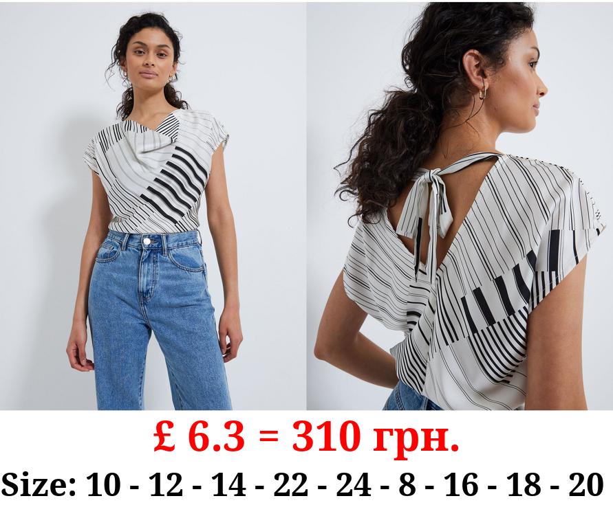 White Striped Cowl Neck Open Back Top