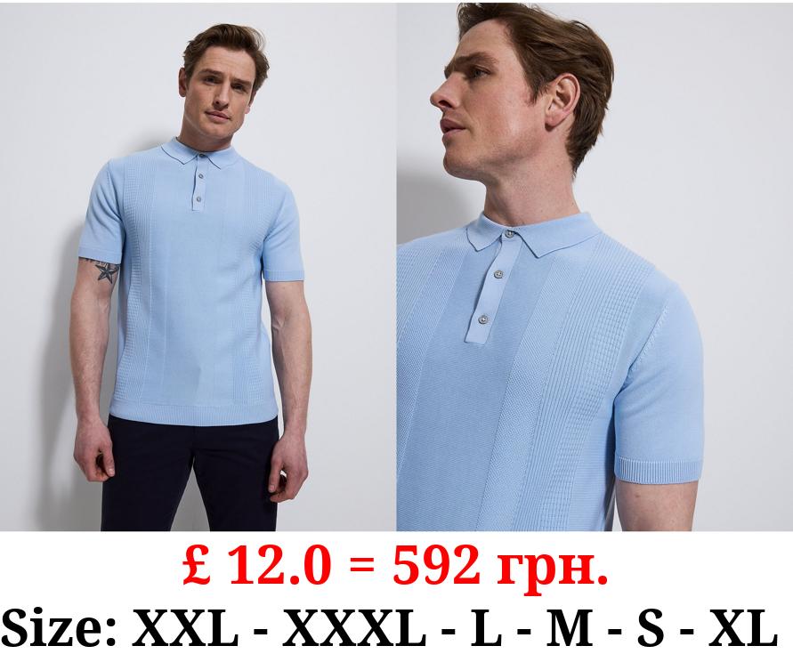 Light Blue Textured Knitted Polo Top