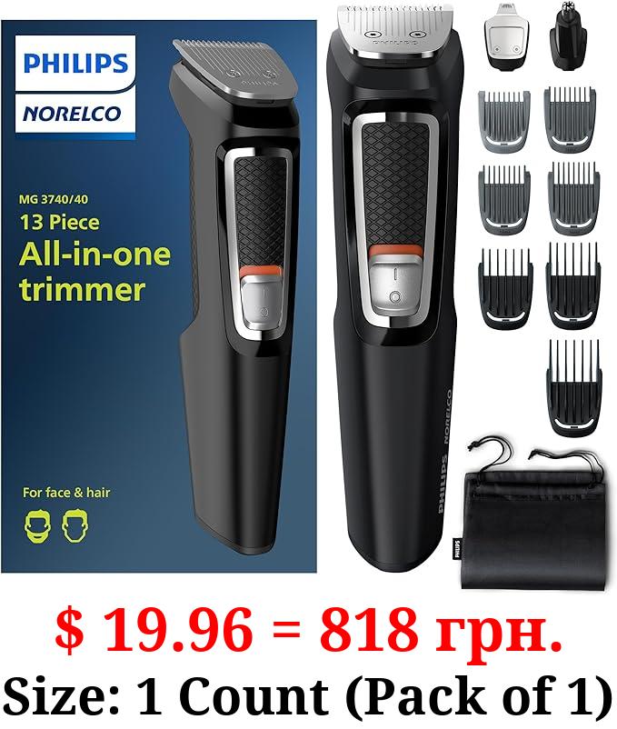 Philips Norelco Multi Groomer All-in-One Trimmer Series 3000-13 Piece Mens Grooming Kit for Beard, Face, Nose, Ear Hair Trimmer and Hair Clipper - NO Blade Oil Needed, MG3740/40