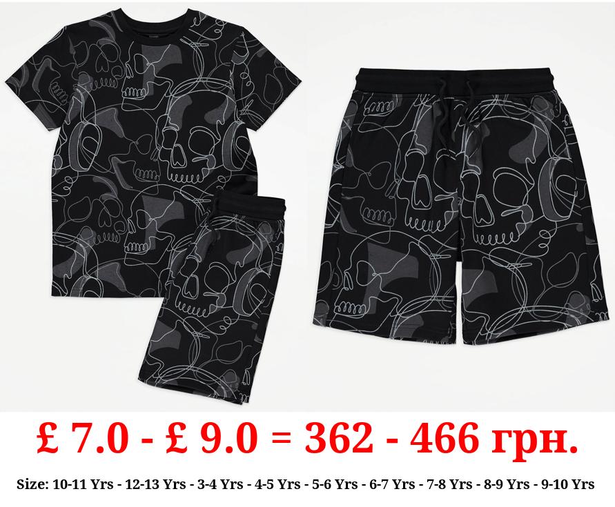Black Sketch Skull T-Shirt and Shorts Outfit