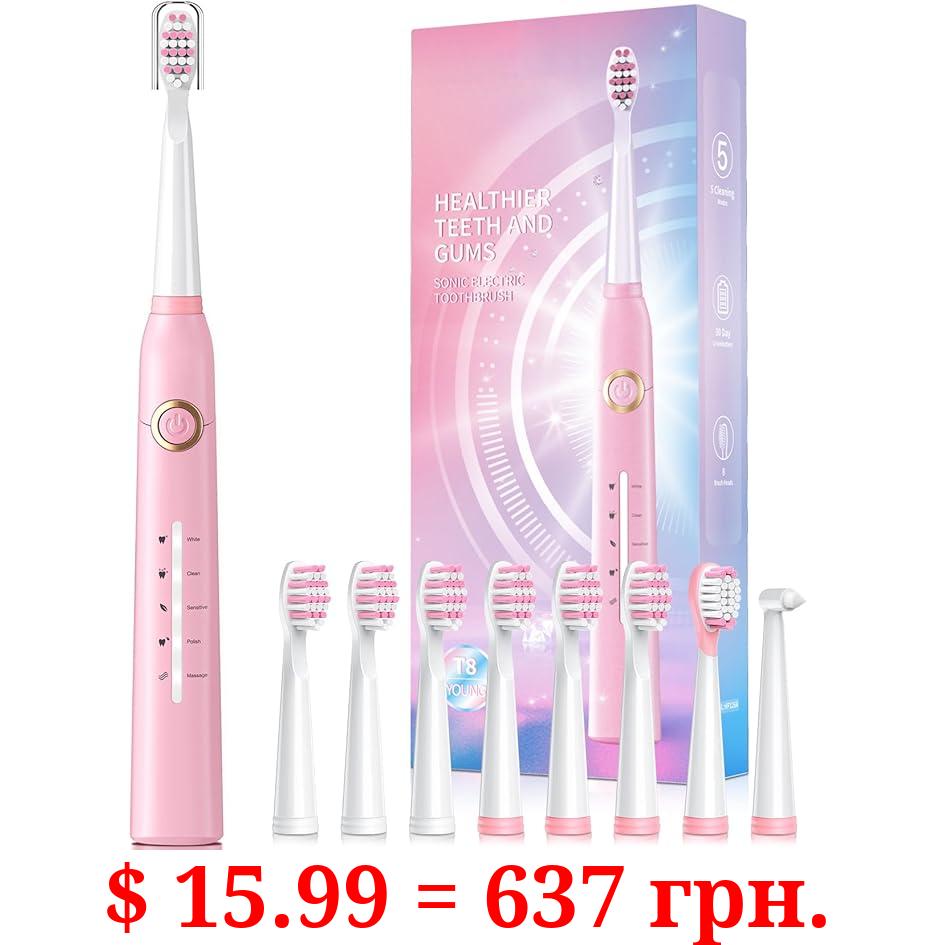 Sonic Electric Toothbrush with 8 Brush Heads 40000 VPM 5 Modes Sonic Toothbrushes Quick Charge 4 Hours Duration 30 Days Rechargeable Pink