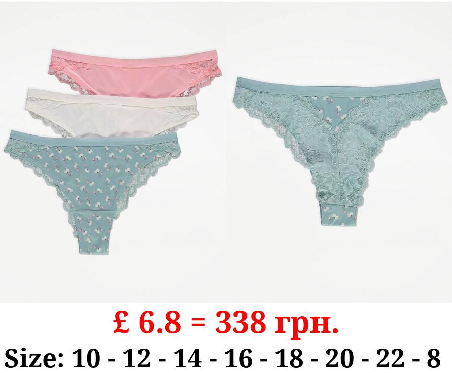 Floral Lace Back Brazilian Knickers 3 Pack