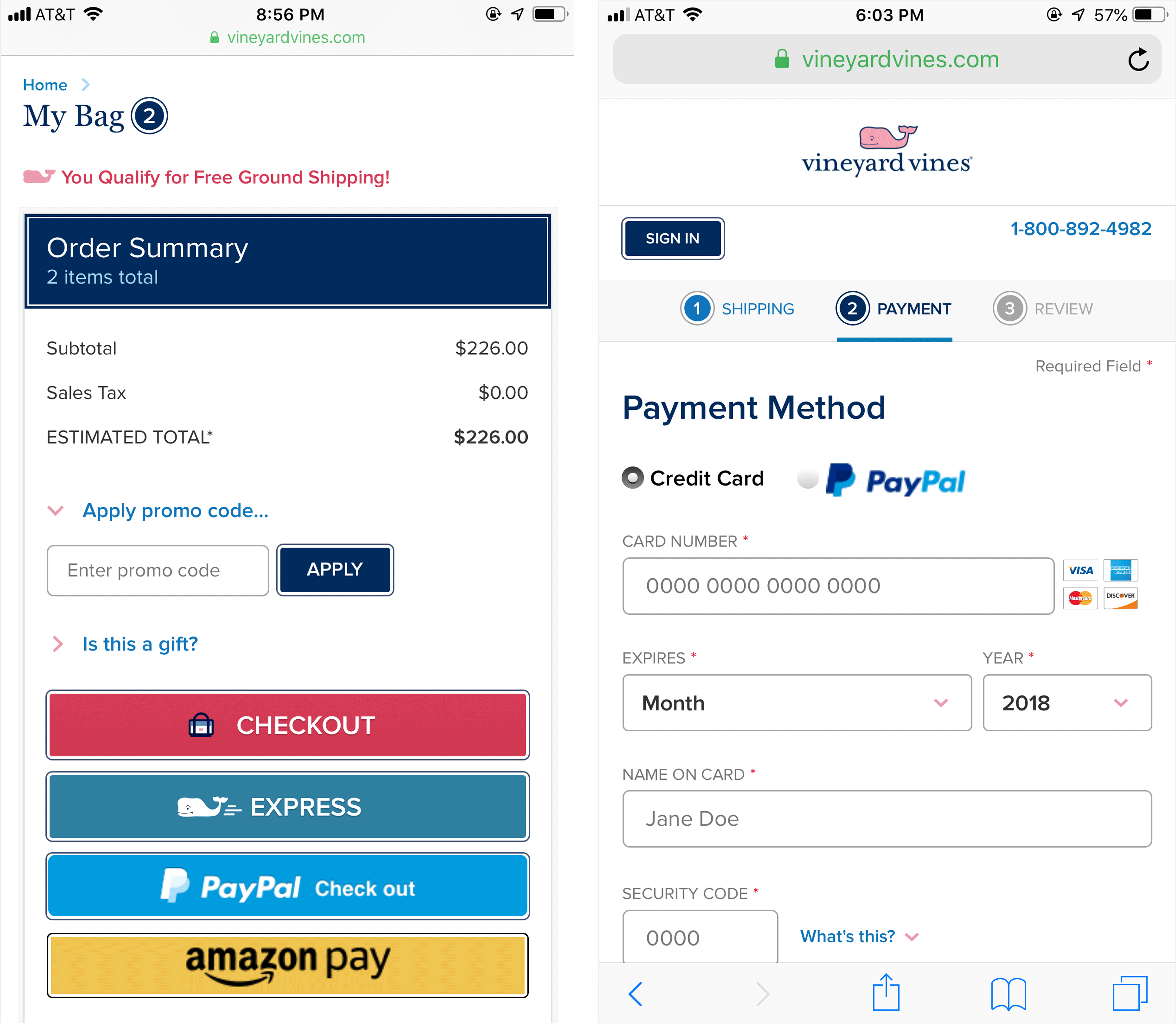 Vineyard Vines предлагает множество удобных для мобильных платежей способов оплаты в корзине (слева) и снова отображает PayPal на странице оплаты для тех, кто мог пропустить его в корзине (справа).