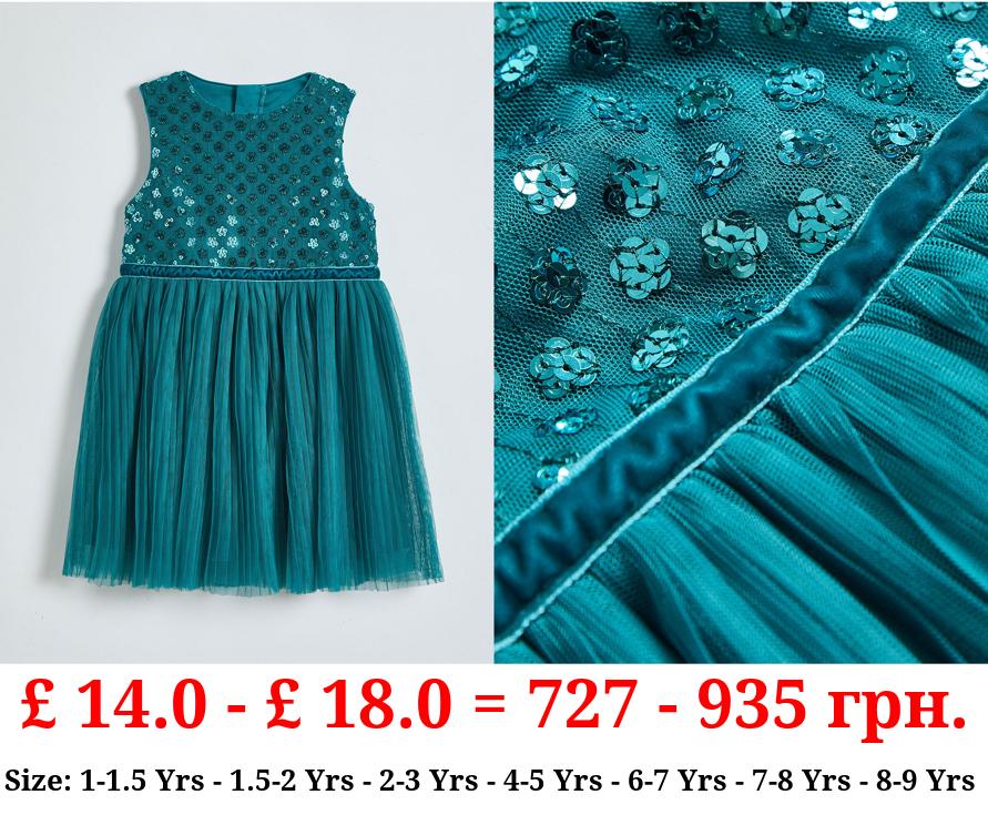 Teal Floral Sequin Pleated Dress
