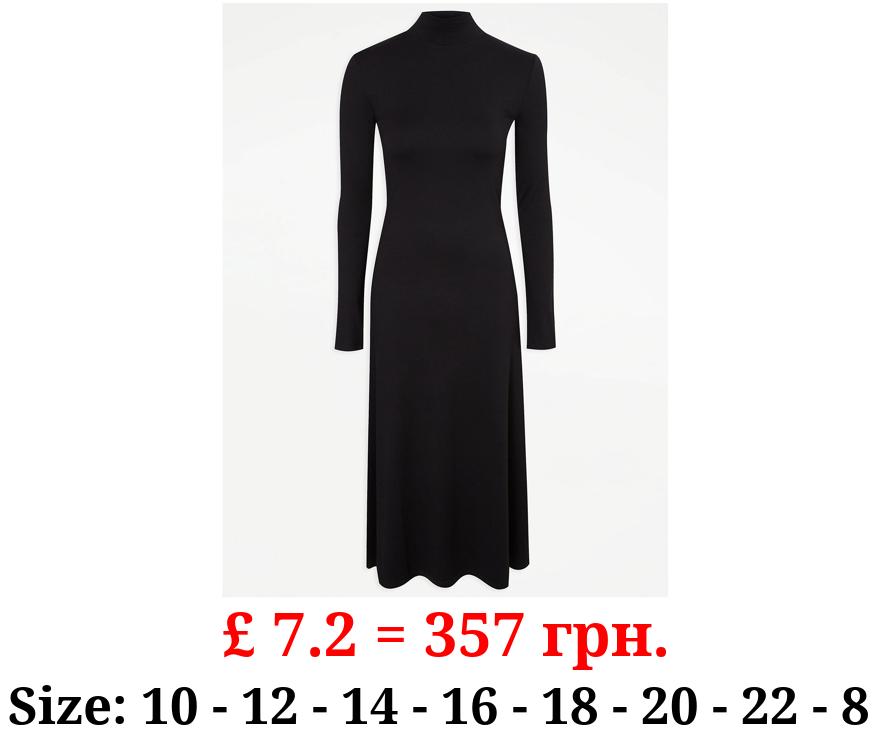 Black Stand Neck Jersey Midi Dress