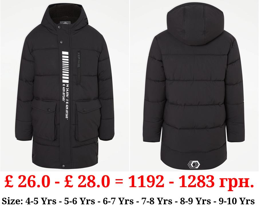 Black Longline Padded Pocket Coat