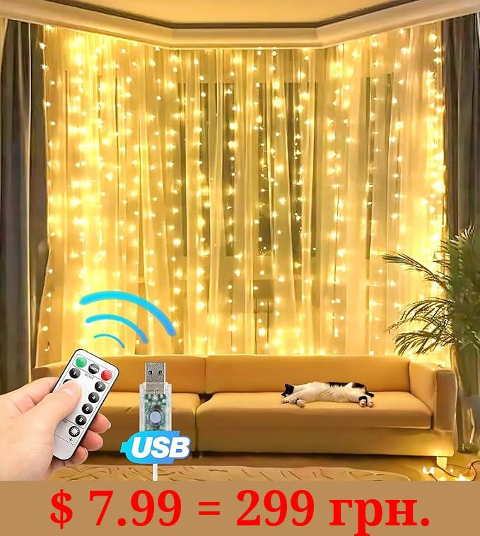 Eueasy 300 LED Curtain Lights, 9.8ft x 9.8ft Fairy Lights with 8 Modes, String Hanging Lights, Remote Control, Perfect for Indoor/Outdoor Christmas, Wedding, Party Wall Decorations (Warm White)