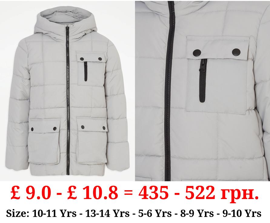 Grey Hooded Grid Padded Coat