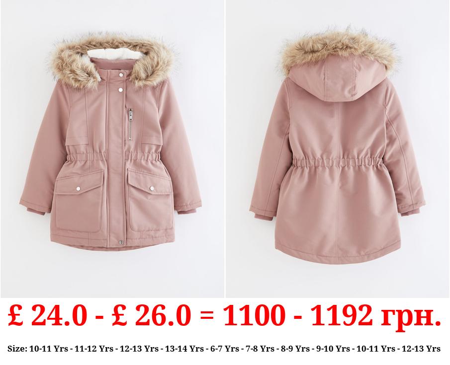 Pink Faux Fur Trim Parka Coat